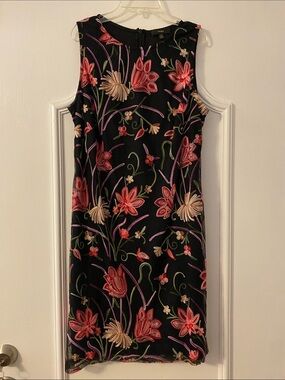 Black Floral Embroidered on Sheer Sleeveless Shift Dress, Lined.